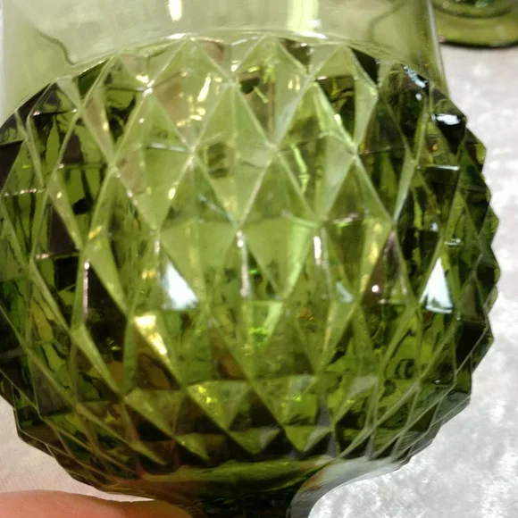 Vintage Glass Diamond Point Green Water Goblet, Mid Century Glass - Picture 3 of 9